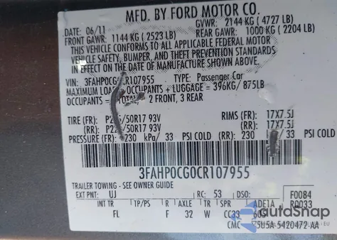 2012 Ford Fusion Sel from USA, damaged, VIN 3FAHP0CG0CR107955